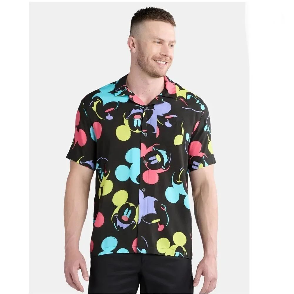 Men’s Mickey Mouse Heads Color Graphic Hawaiian Resort Shirt Size L - Picture 4 of 8